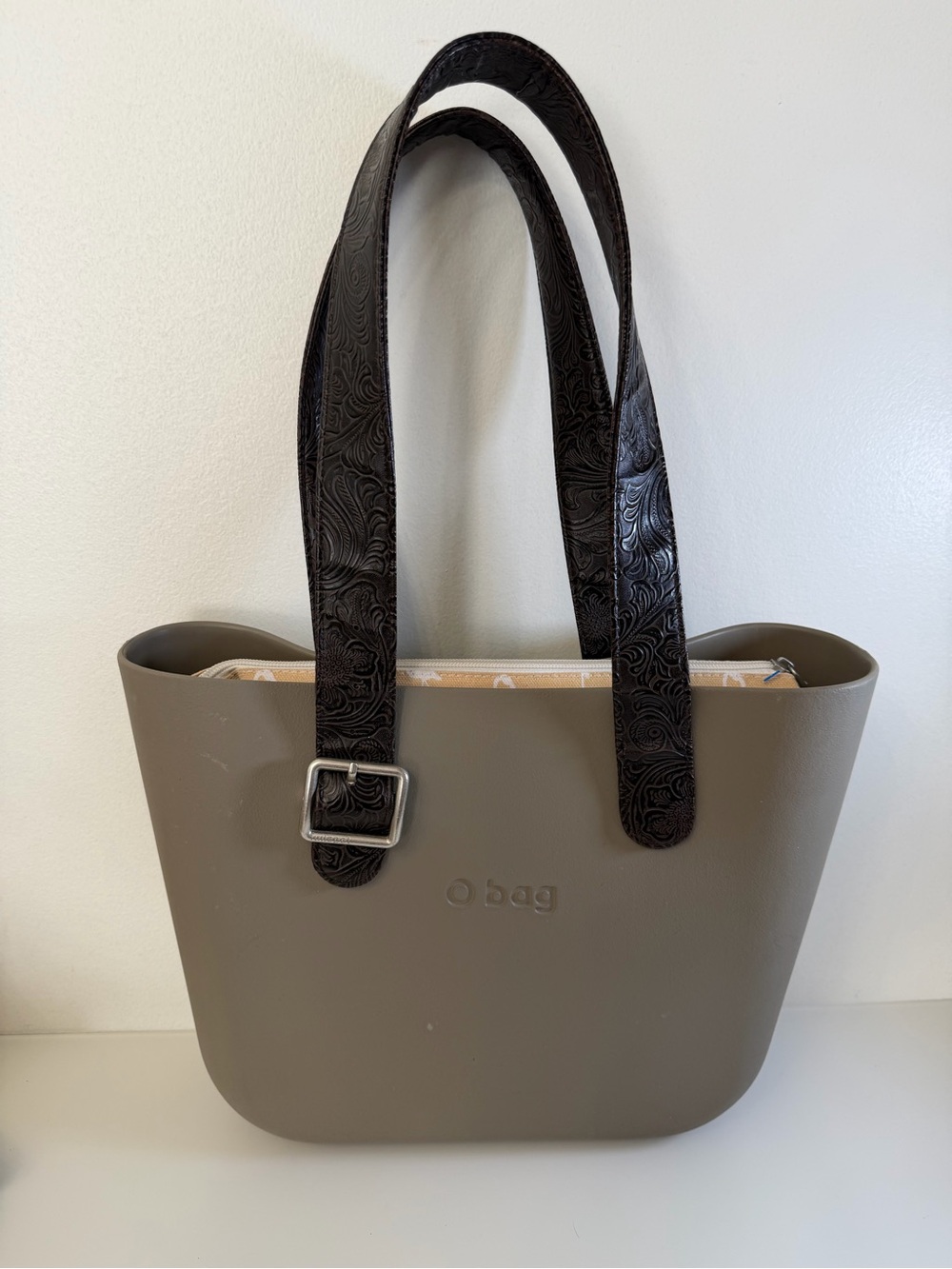 O bag Taupe Tote with Embossed Dark Brown Straps